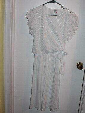 Vintage KR of NY white wrap dress featuring diagonal gold metallic pinstripes.